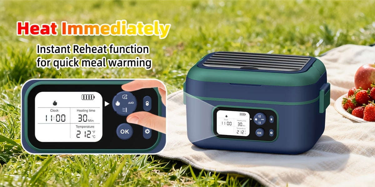 Cordless Electric Heating Lunch Box 1.5L/50.72oz - 304 Stainless Steel, 24000mAh Rechargeable Battery, Adjustable Temp & Timer, Office Picnic Car Travel, Fork Spoon Divider Included, Black White Yellow Blue