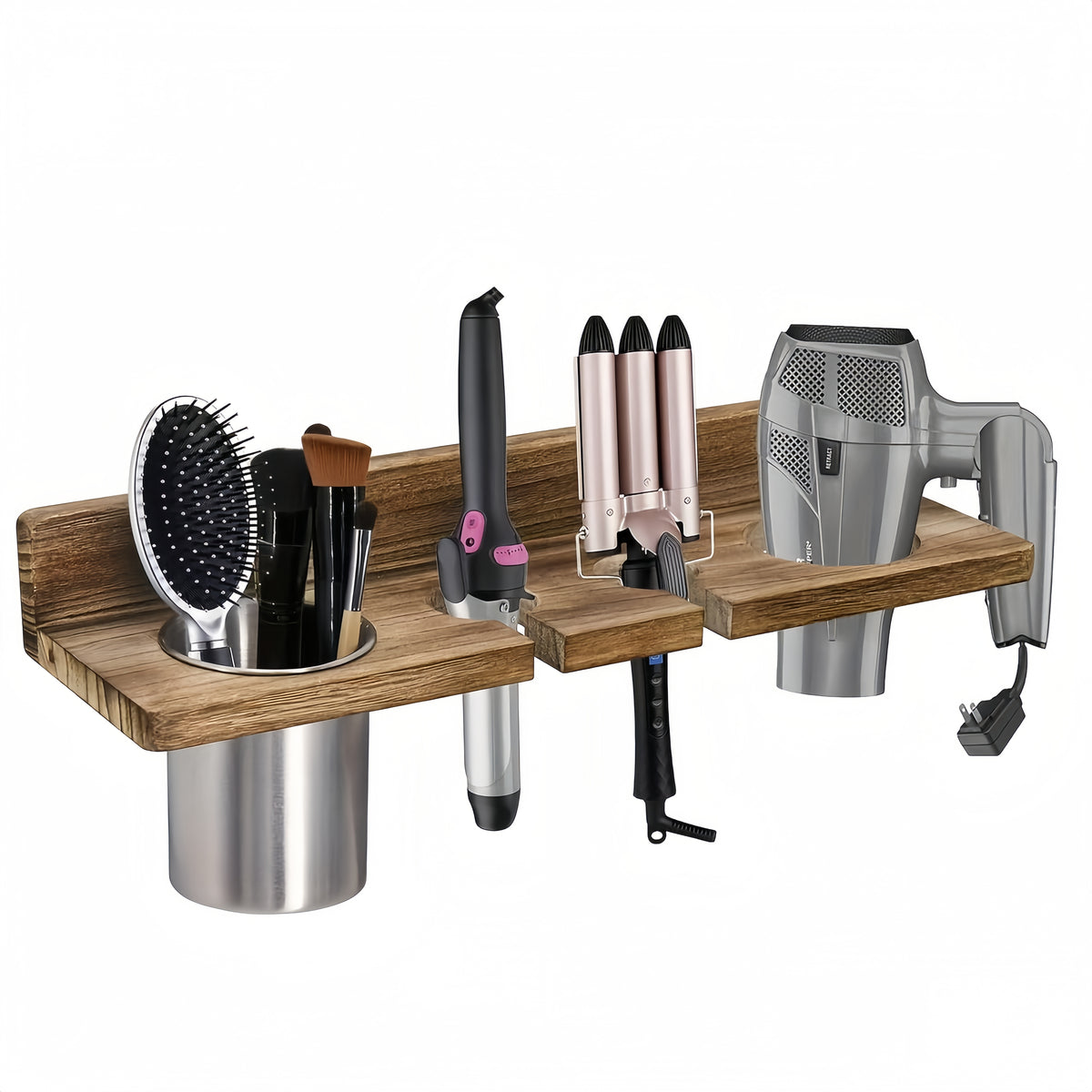 Wall Mounted Wooden Hair Tool Organizer – Multi-Functional Storage Rack for Hair Dryer, Curling Iron, Straightener & Brushes, Rustic Bathroom & Salon Organizer, Brown or Black
