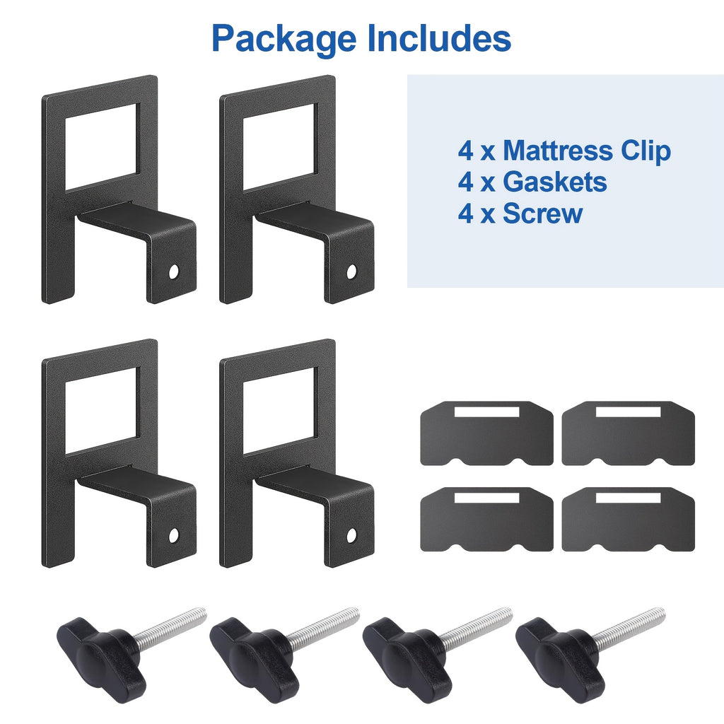 Non-Slip Mattress Gripper Brackets 4 Sets Adjustable Heavy Duty Anti-Slide Holder Clips with Screws for Metal Bed Frames Stops Mattress Sliding Black