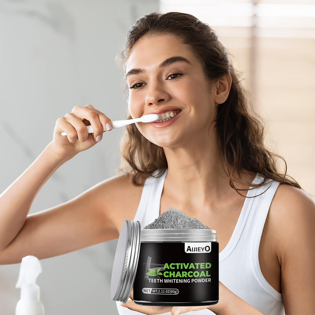 Activated Charcoal Teeth Whitening Powder Natural Brightening Tooth Polish Deep Cleaning Plaque Remover Mint Flavor Fresh Breath Daily Use 60g