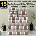 Classic Striped Bath Towel Set – 9 or 15 Piece No-Hair-Loss Super Absorbent Two-Color Towel Bundle | Large Bath Towels, Face Towels & Hand Towels for Bathroom & Beach