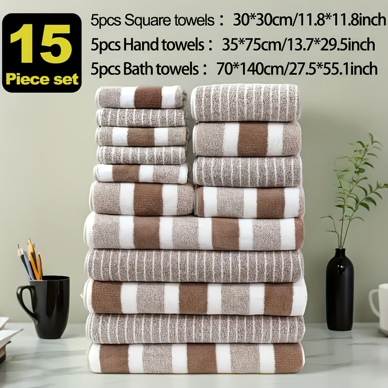 Classic Striped Bath Towel Set – 9 or 15 Piece No-Hair-Loss Super Absorbent Two-Color Towel Bundle | Large Bath Towels, Face Towels & Hand Towels for Bathroom & Beach