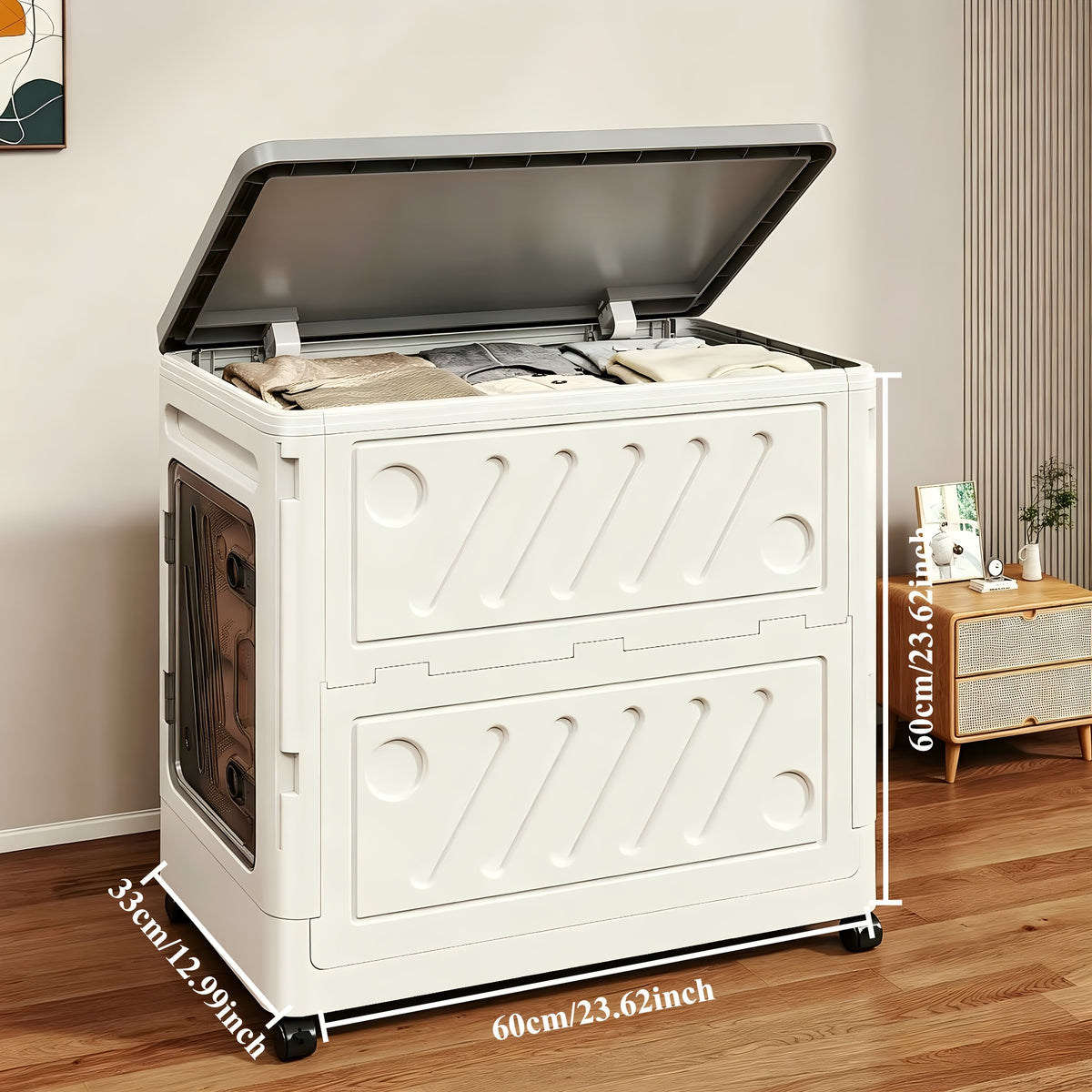 Oversized Clamshell Storage Box with Wheels 32 & 18 Gallon Large Capacity Folding Storage Cabinet Wardrobe Organizer for Clothing Bedding – Rolling Portable Closet Storage Bin with Universal Wheels