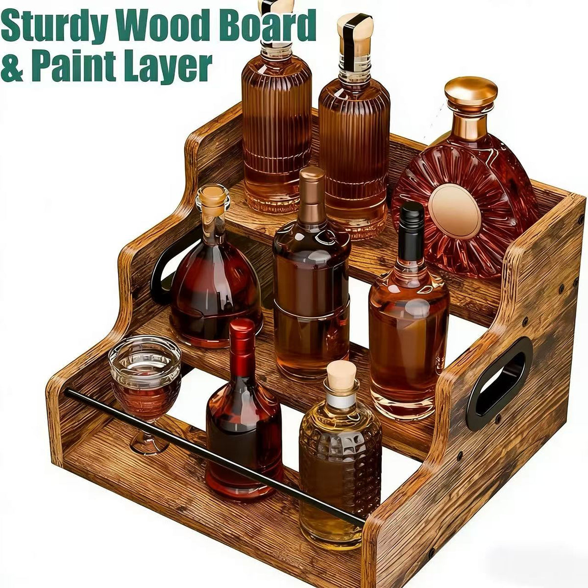 3-Step Solid Wood Liquor Bottle Display Shelf Countertop Wine Rack Bar Organizer for Whiskey Spirits Coffee Syrup Spice Bottles Home Bar Kitchen