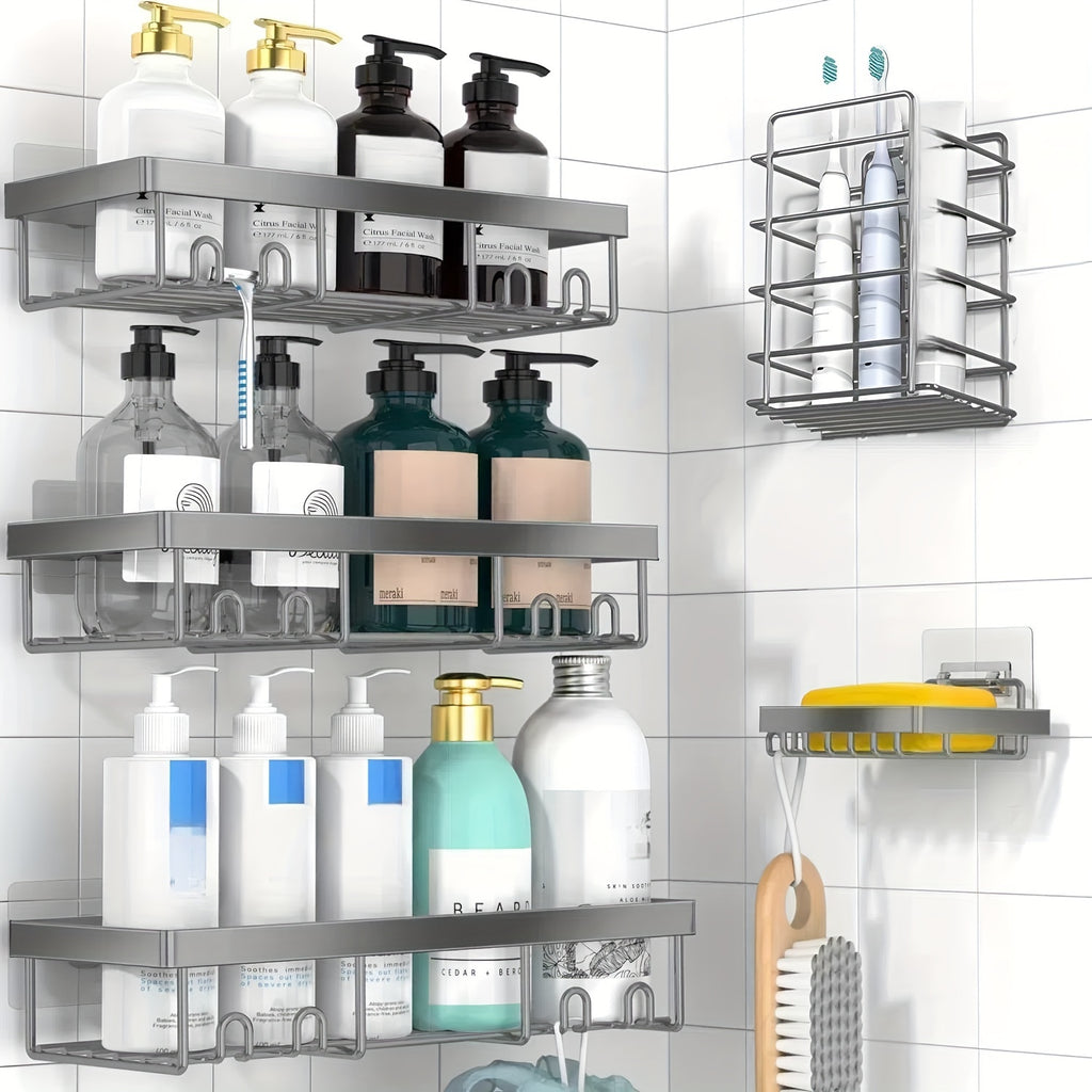 Shower Caddy 5 Pack Self-Adhesive Stainless Steel Shower Organizer Shelf - No Drilling Wall Mounted Bathroom Storage Rack, Large Capacity Rustproof Shower Basket - 10 Color Options