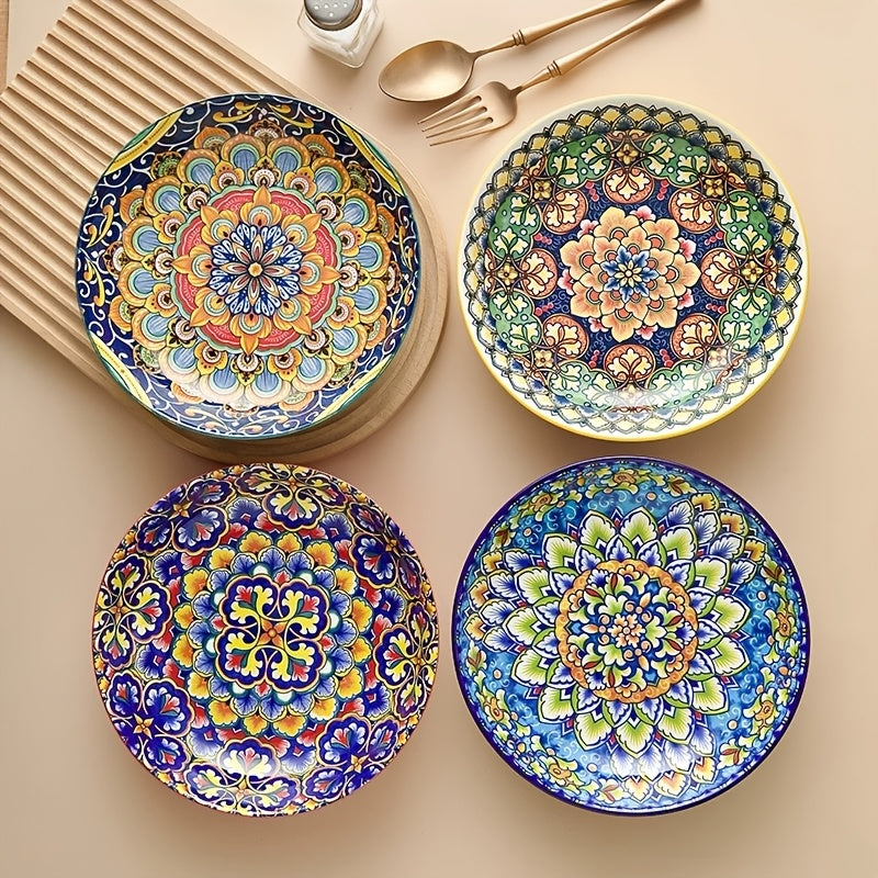 Bohemian Ceramic Dinner Plates Set of 4 – Handcrafted Boho Floral & Mandala Design, Vibrant Colors, Dishwasher Oven Microwave Safe, Perfect for Holidays & Family Gatherings