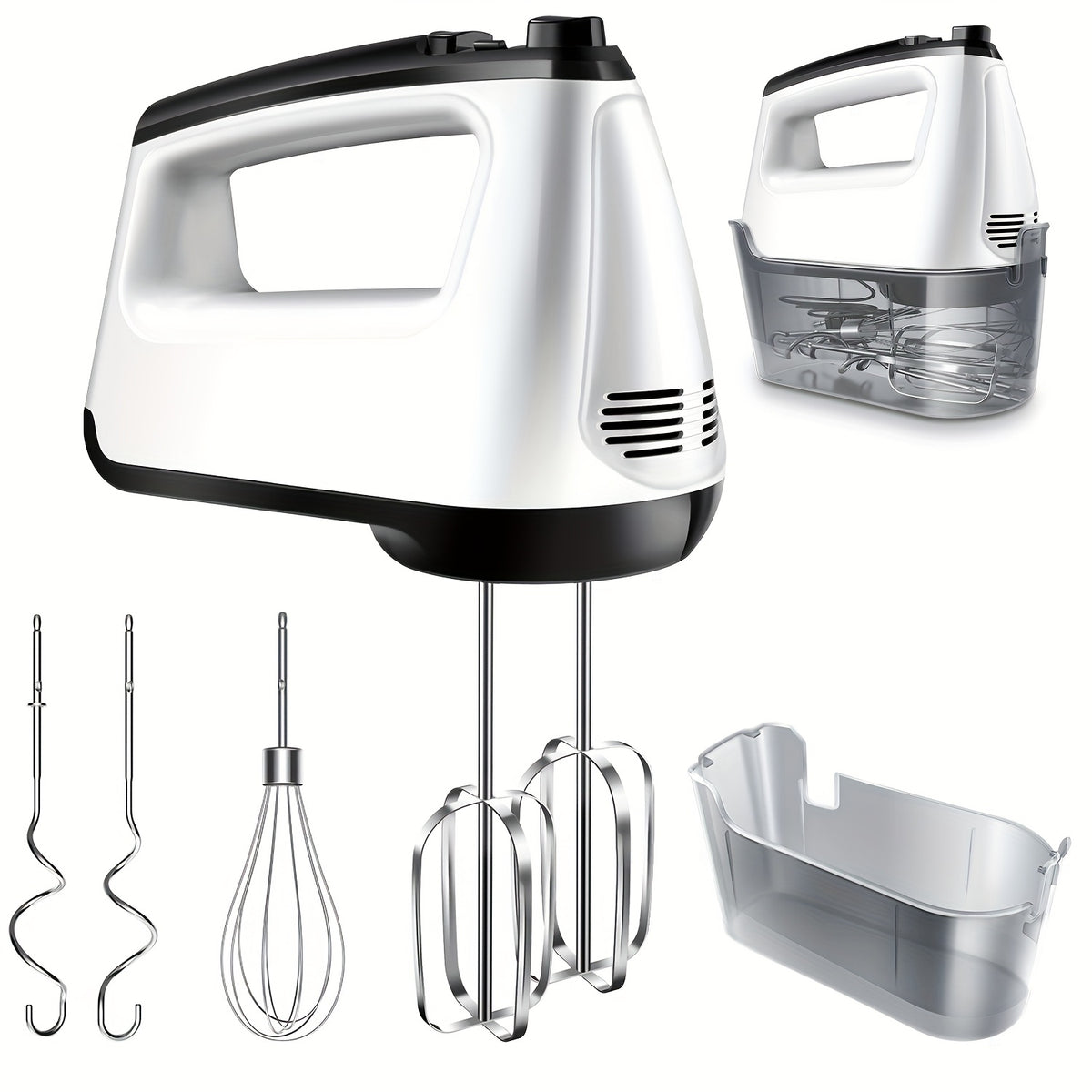 Electric Hand Mixer 6-Speed & Turbo – 5 Stainless Steel Accessories, Snap-On Storage Case | For Cookies, Cakes, Dough & Batters | White & Silver
