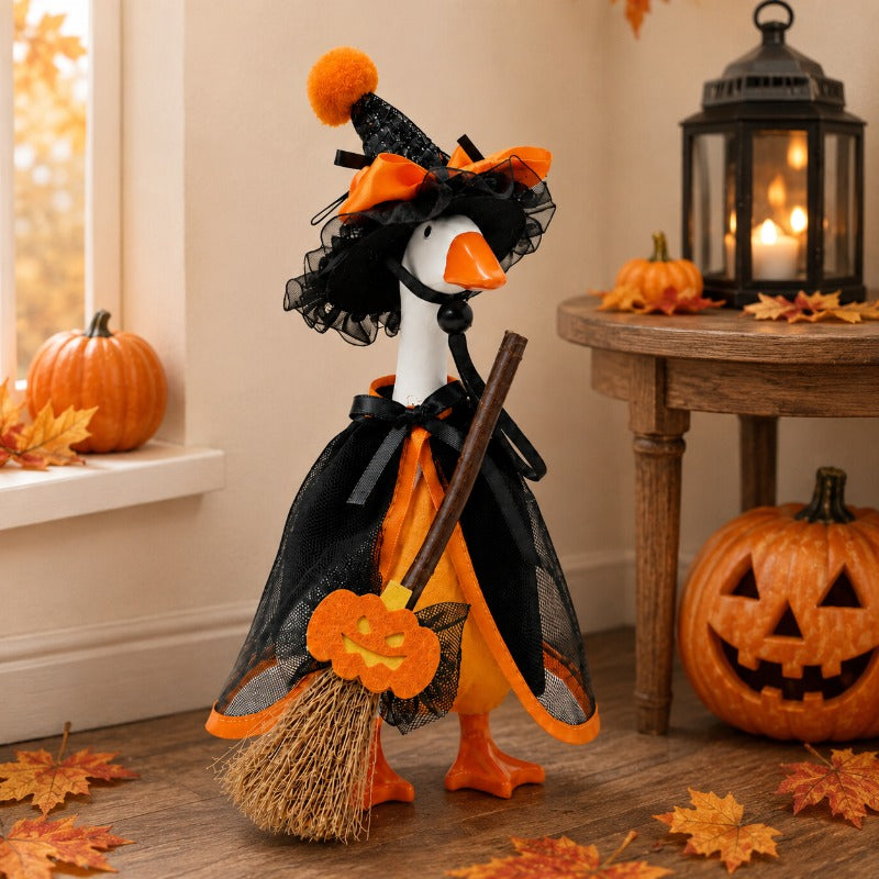 Witch Goose Dress-Up Set 4 Piece – 7-Inch Halloween Goose Statue Costume with Black Mesh Cape, Hat, Lining & Pumpkin Broom | Tabletop Goose Decor Outfit for Indoor & Porch Decoration