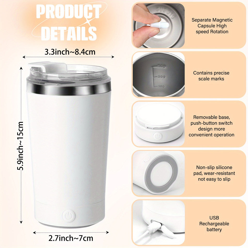 Electric Self Stirring Coffee Mug - Portable Magnetic Rotating Mixing Cup for Coffee, Chocolate, Milk, Protein Powder & Cocoa, Perfect for Office, School, Gym & Home