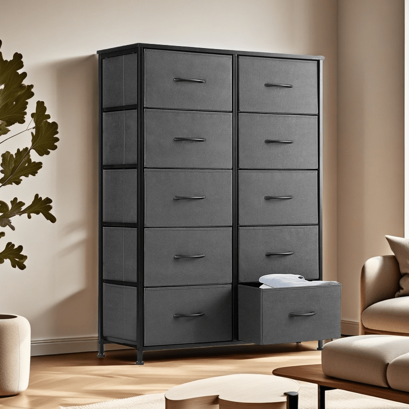 10-Drawer Fabric Storage Cabinet with Hardwood Tabletop | Dresser Organizer for Clothing Bags & Accessories | Black White Rust Gray