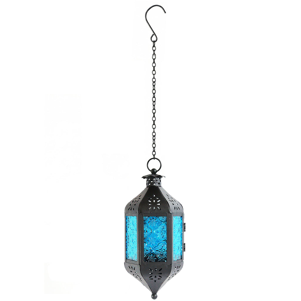 Moroccan Hanging Candle Lantern with Chain – Vintage Boho Style Iron & Glass Tealight Holder for Home, Patio, Garden, Wedding & Ramadan Decor (23.5" Overall)