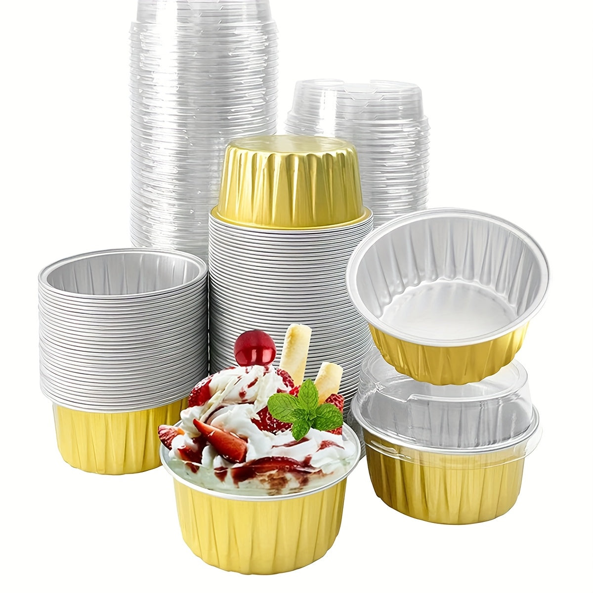 Aluminum Foil Baking Cups with Lids – Assorted Color Cupcake & Muffin Tins for Parties, Weddings & Events | 50-Pack with Lids or 30-Set with Spoons