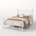 Metal Platform Bed Frame with Vintage Iron Art Headboard Footboard No Box Spring Needed Under Bed Storage Twin Full Queen King Black White Pink Gold