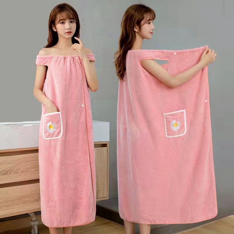 Women's Wearable Pocket Towel Skirt – Non-Slip Bath Wrap Robe with Sunflower Pattern | 4 Colors | Easy Wear for Bathroom & Daily Use