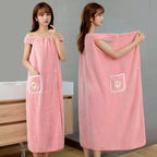 Women's Wearable Pocket Towel Skirt – Non-Slip Bath Wrap Robe with Sunflower Pattern | 4 Colors | Easy Wear for Bathroom & Daily Use