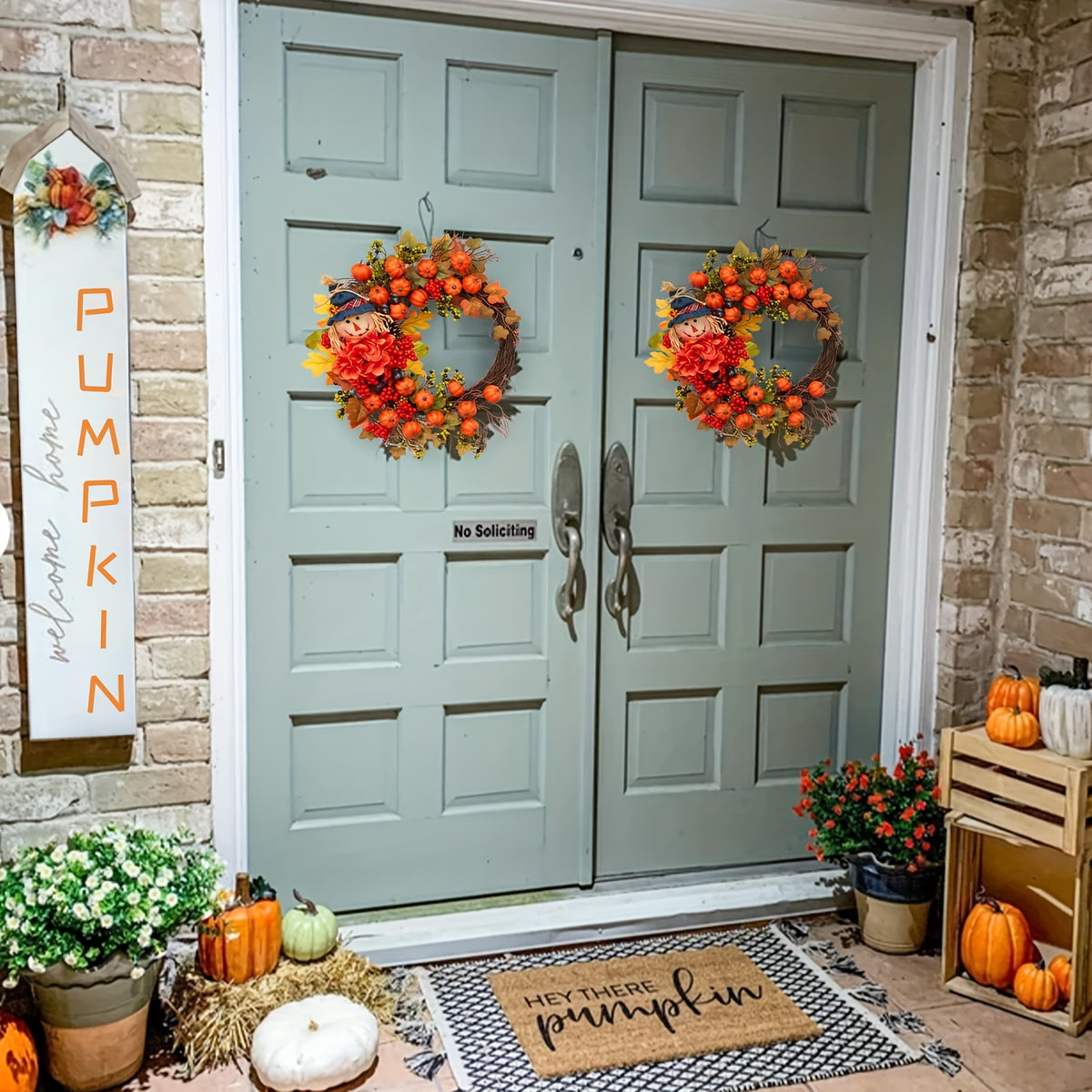 Fall Thanksgiving Wreath Decor – Pumpkin Leaves Floral Doll Autumn Wreath for Front Door, Indoor & Outdoor Walls, Windows, Family & Holiday Party, Christmas Winter Home Decor