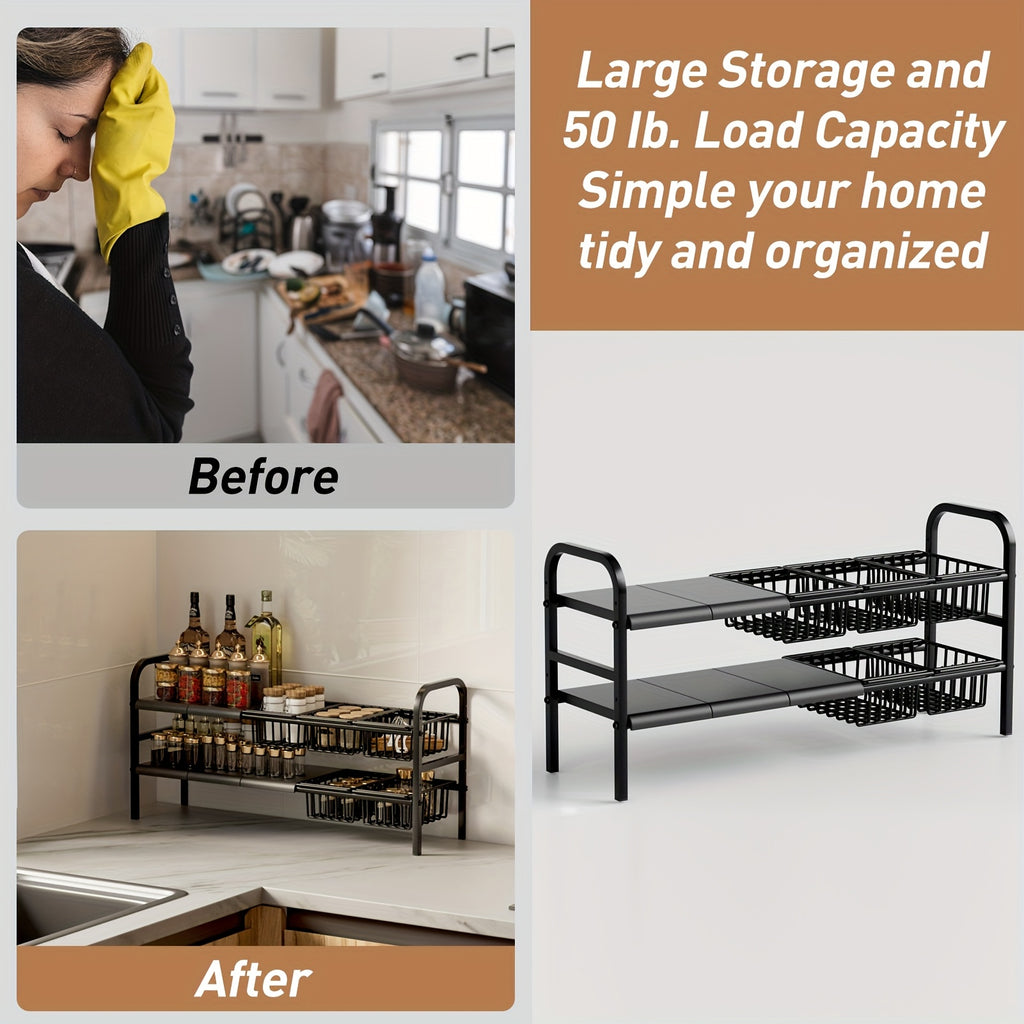 Under Sink Organizer 2 Tier Expandable Cabinet Shelf with 5 Removable Panels 5 Baskets Adjustable Kitchen Bathroom Under Sink Storage Rack Black Space-Saving Cabinet Organizer