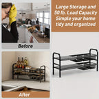 Under Sink Organizer 2 Tier Expandable Cabinet Shelf with 5 Removable Panels 5 Baskets Adjustable Kitchen Bathroom Under Sink Storage Rack Black Space-Saving Cabinet Organizer