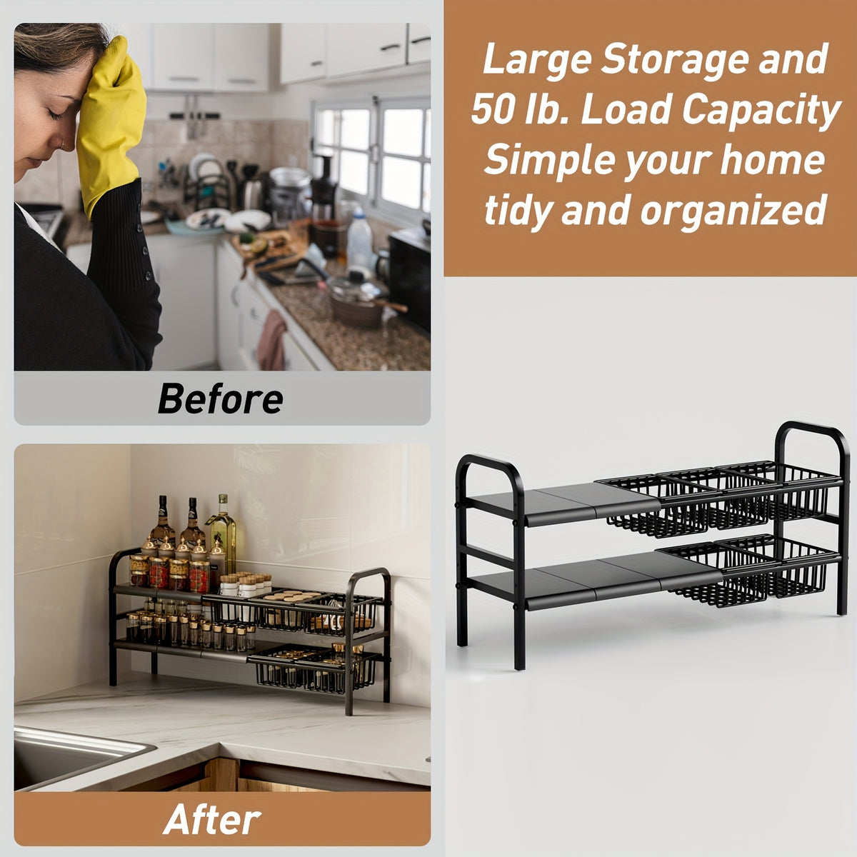 Under Sink Organizer 2 Tier Expandable Cabinet Shelf with 5 Removable Panels 5 Baskets Adjustable Kitchen Bathroom Under Sink Storage Rack Black Space-Saving Cabinet Organizer