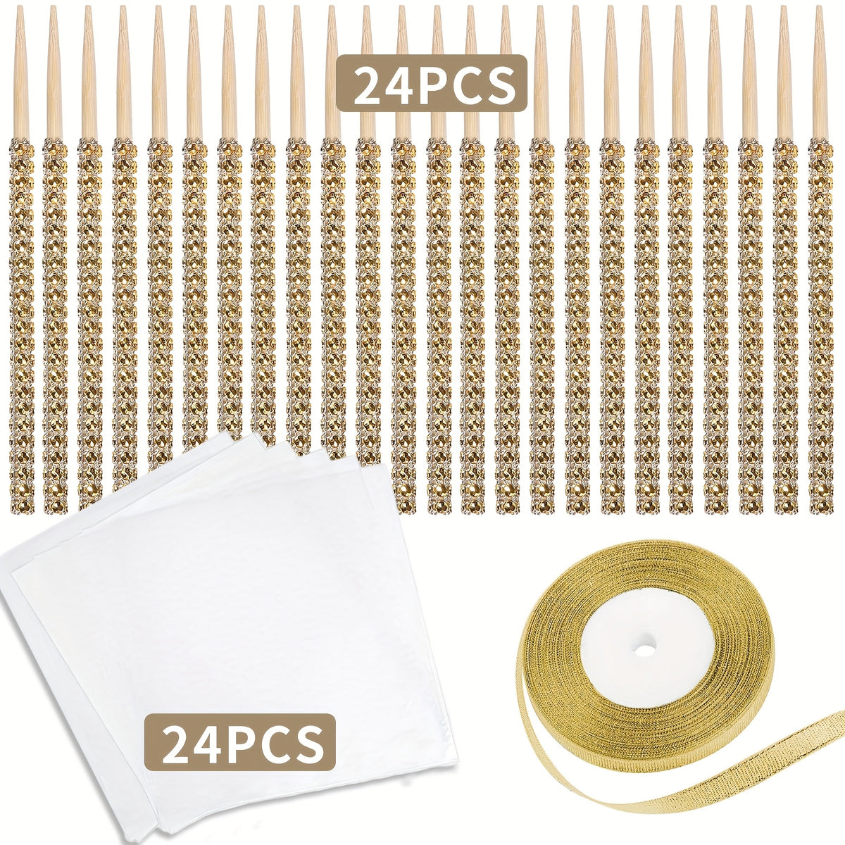 Candy Apple Sticks Bling Caramel Apple Wooden Skewers with Gift Bags & Glitter Ribbons - 25 or 49 Pack Decorative Cake Pop Sticks for Party Supplies, Halloween, Holidays, Silvery & Golden