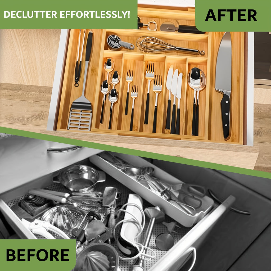 Bamboo Expandable Kitchen Drawer Organizer – 9-Compartment Adjustable Utensil Tray for Silverware, Forks, Spoons & Knives