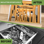 Bamboo Expandable Kitchen Drawer Organizer – 9-Compartment Adjustable Utensil Tray for Silverware, Forks, Spoons & Knives