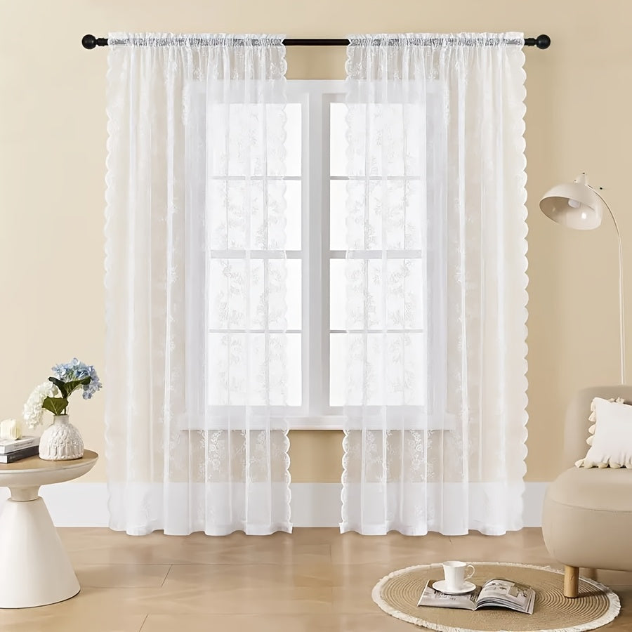 Vintage Lace Door Curtain with Wave Edge – Semi-Sheer Floral Embroidered Rod Pocket Panel for Home, Hallway & Outdoor | White, Black & Green