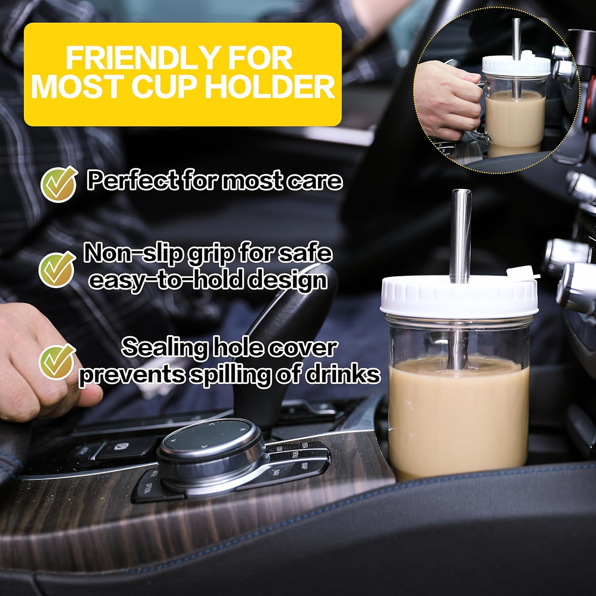 Glass Cup with Lid and Straw 24oz Large Handle Tumbler for Iced Tea Coffee – Set of 2 or 4 with Cleaning Brushes Holiday Gift