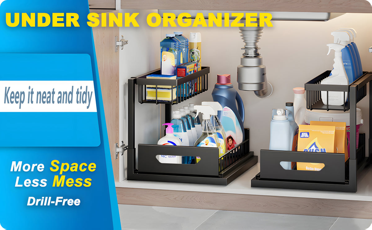Under Sink Organizer 2-Pack 2-Tier Slide-Out Pull-Out Cabinet Shelf - Heavy Duty Carbon Steel with Adjustable Compartments for Kitchen, Bathroom, Pantry & Closet Organization