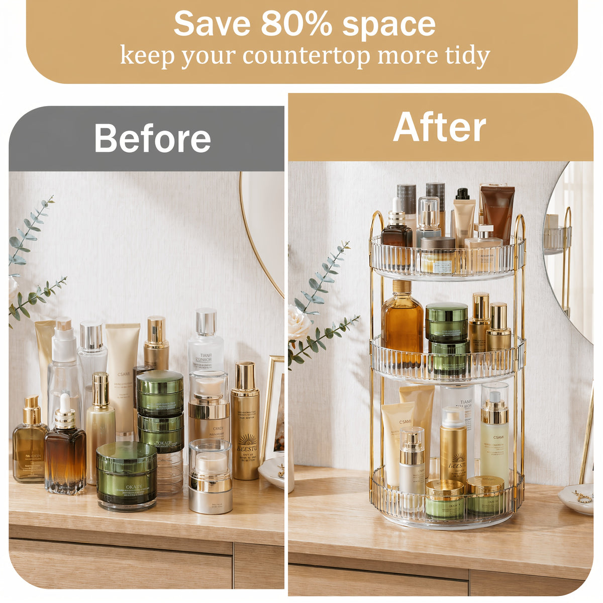 360° Swivel Makeup Organizer 3-Tier Countertop - Rotating Perfume & Cosmetic Organizer, Large Capacity Skincare Storage Rack for Bathroom Dresser Vanity