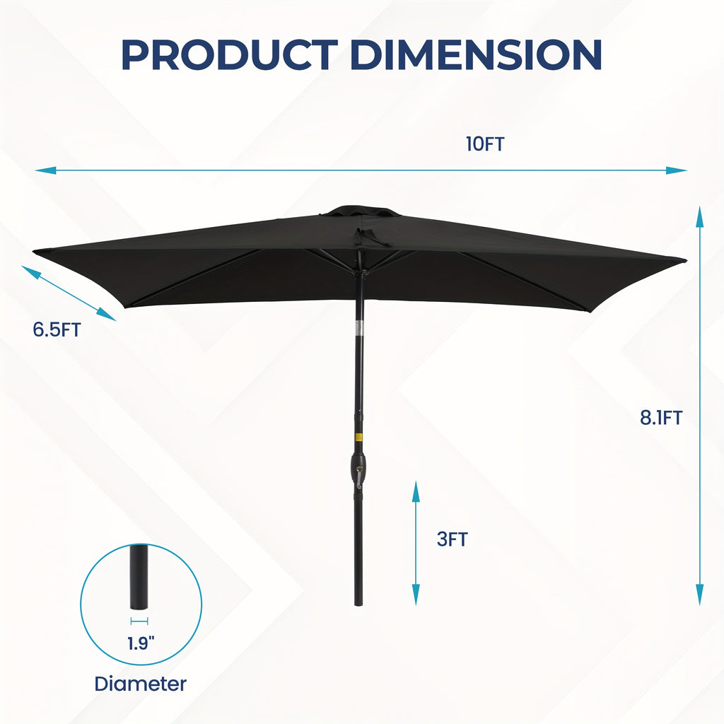6.5 x 10ft Rectangular Patio Umbrella with Aluminum Pole Crank 6 Steel Ribs Polyester Canopy Outdoor Market Table Umbrella UV Protection