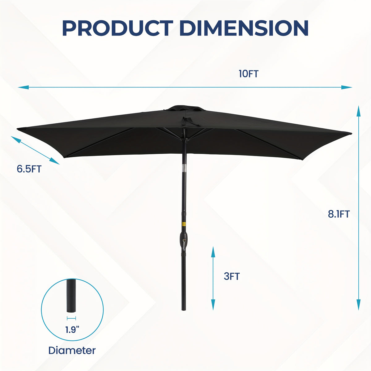 6.5 x 10ft Rectangular Patio Umbrella with Aluminum Pole Crank 6 Steel Ribs Polyester Canopy Outdoor Market Table Umbrella UV Protection