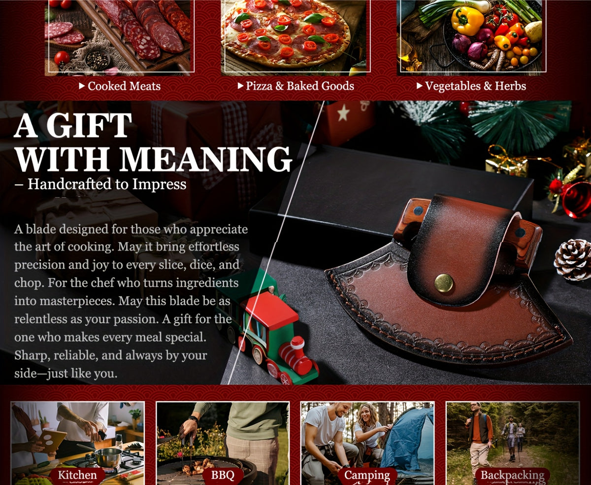 Hand-Forged Ulu Rocker Pizza Cutter & Mezzaluna Chef Knife – High Carbon Steel or Stainless Steel with Rosewood Handle, Leather Sheath & Gift Box – Kitchen, Camping & BBQ – Birthday Gift for Men
