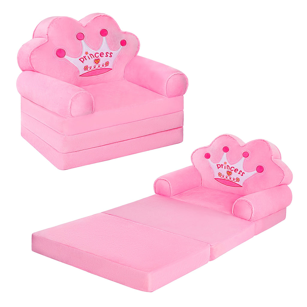 Flip Open Kids Sofa with Princess Crown Design – 2-in-1 Foldable Couch & Lounger Chair, Machine Washable Plush Cover, Certified Safe Foam, Dreamy Reading Nook Gift for Girls