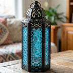 Moroccan Candle Lantern Holder Medium 10.5 Inch – Handcrafted Glass Iron Metal Lantern with Embossed Floral Panels, 17 Colors, Indoor Outdoor Use for Ramadan, Wedding, Patio, Diwali & Home Decor