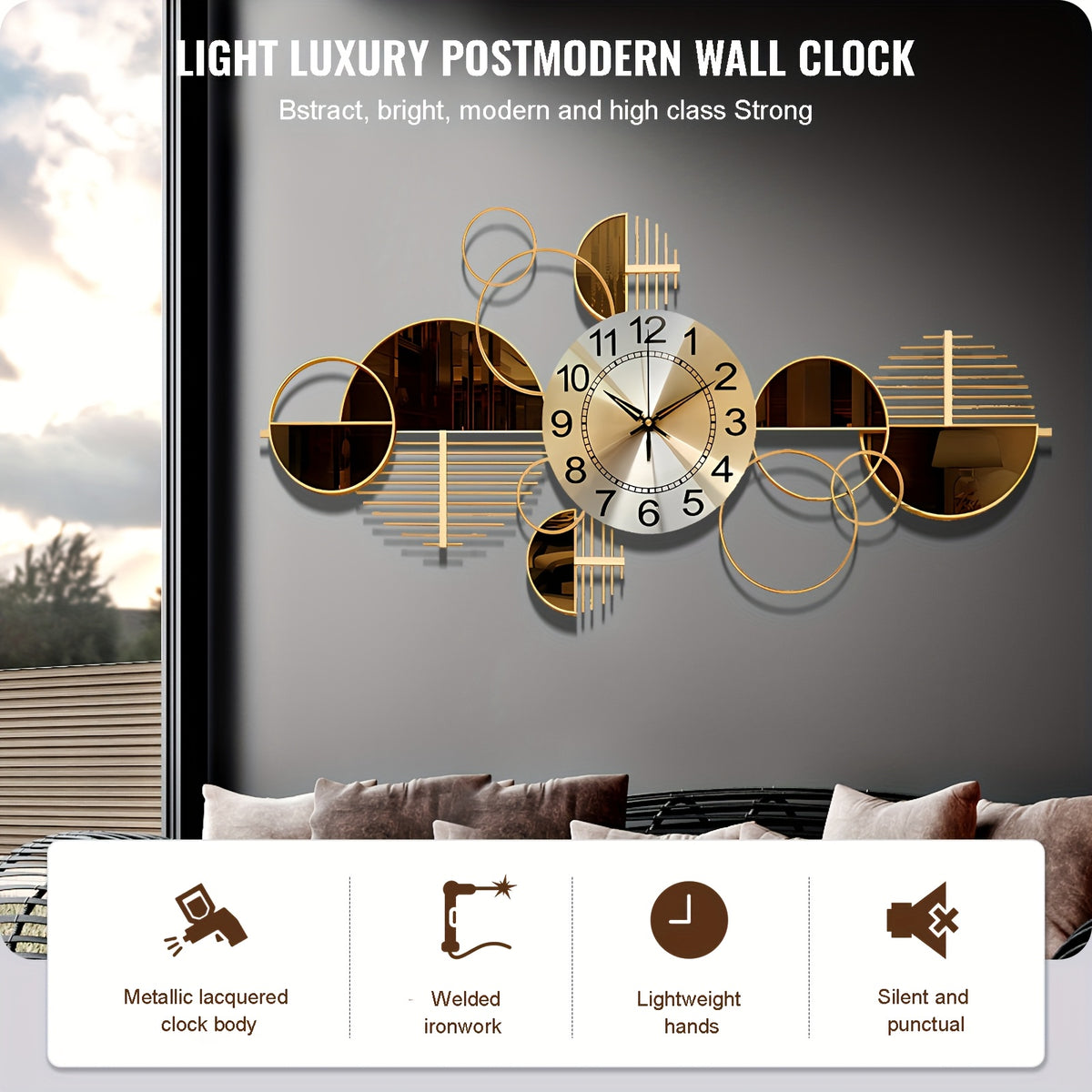 Large Metal Wall Clock 3D Decorative Silent 34x17 Inch – Modern Wall Art Clock for Living Room & Bedroom