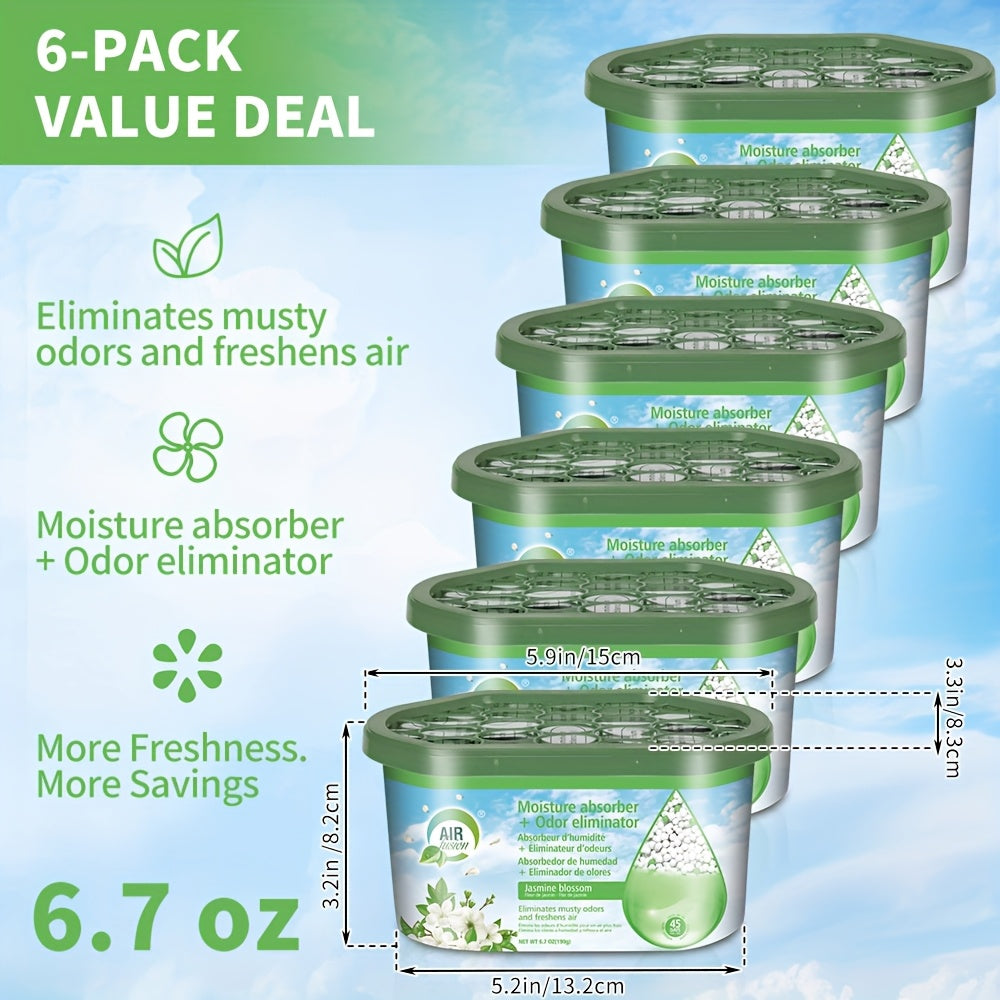 Dehumidifier Boxes 6-Pack Scented Moisture Absorber & Odor Eliminator – No Electricity, Compact PVC, 4 Scents for Closet, Bathroom, Bedroom, RV & Boat (Lavender, Fresh Linen, Jasmine, Bamboo Charcoal)