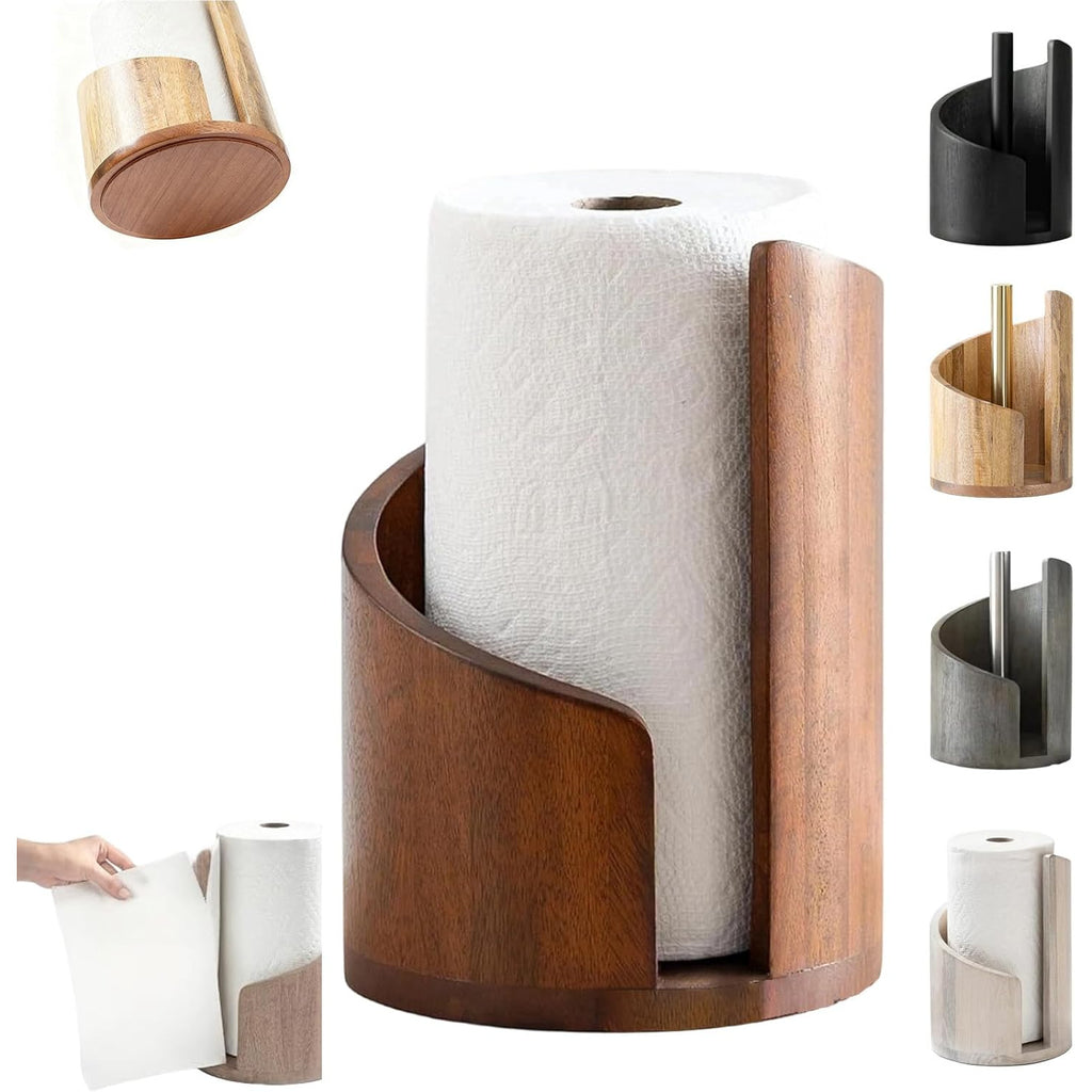 Paper Towel Holder Countertop - Mountain Design with Mango Wood Round Base & Iron Stand, No Tools Required, Kitchen Counter Organizer in Black, Gray, White, Blue & Natural