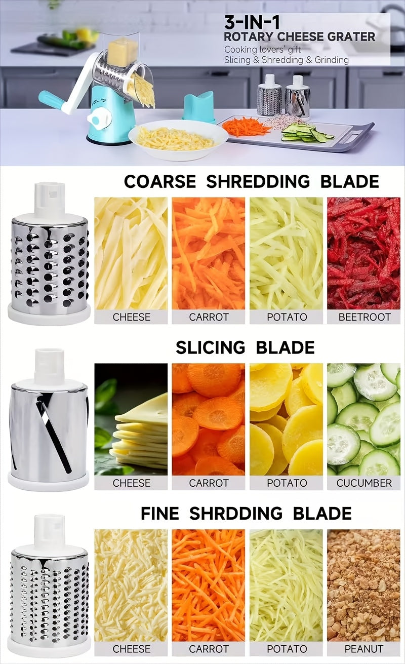 3-in-1 Manual Rotating Cheese & Vegetable Slicer with Interchangeable Drum – Handheld Stainless Steel Grater, Peeler & Chopper for Potatoes, Carrots, Cheese | Camping & Kitchen Use