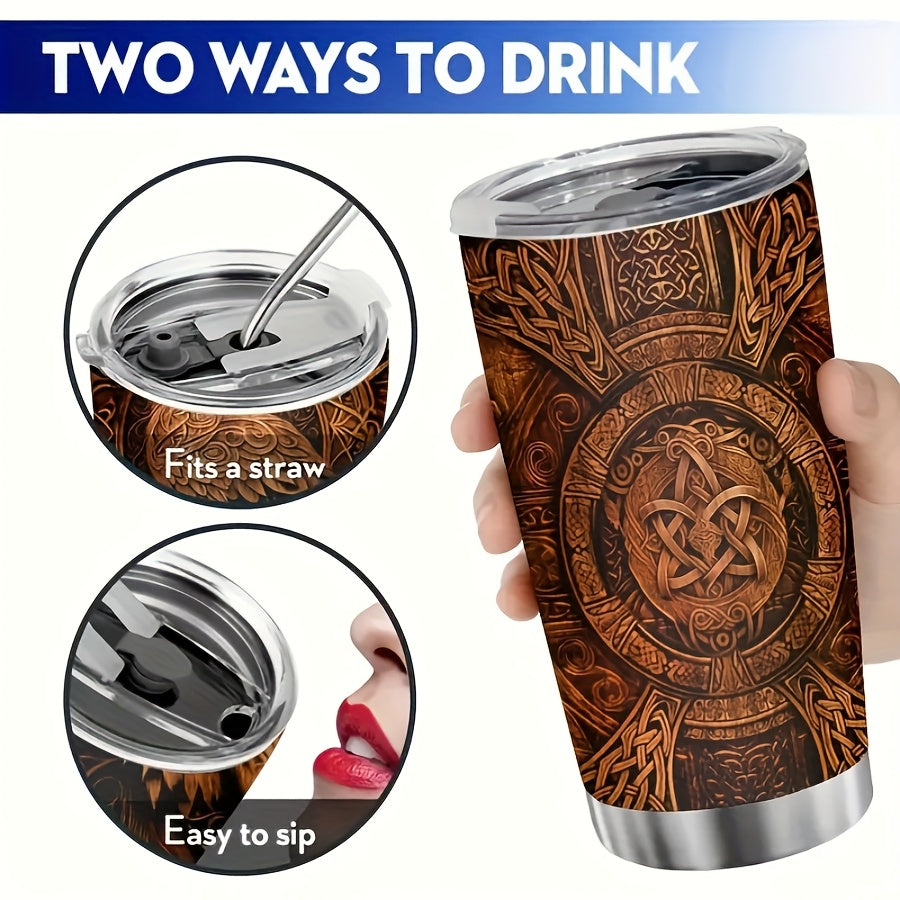 Viking Tumbler 20oz Insulated Stainless Steel - Wolf & Eagle Design Travel Cup with Straw & Lid, Durable Brown Tumbler for Car, Office & Camping, Viking Gift for Men & Women
