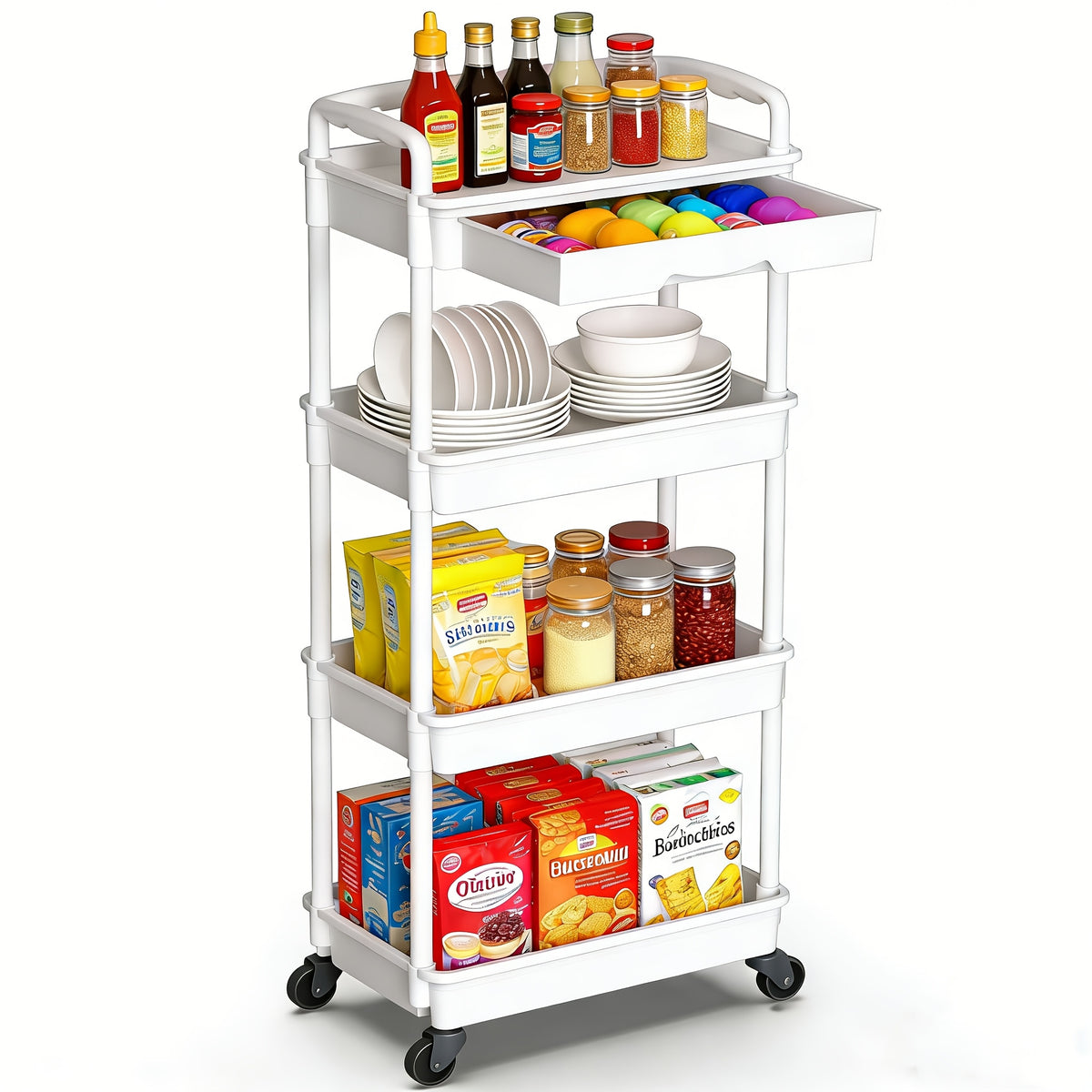 3/4-Tier Rolling Storage Cart with Drawers – Plastic Organizer with Lockable Wheels, Cup Holder & Hooks | Kitchen, Bathroom, Bedroom & Laundry Room