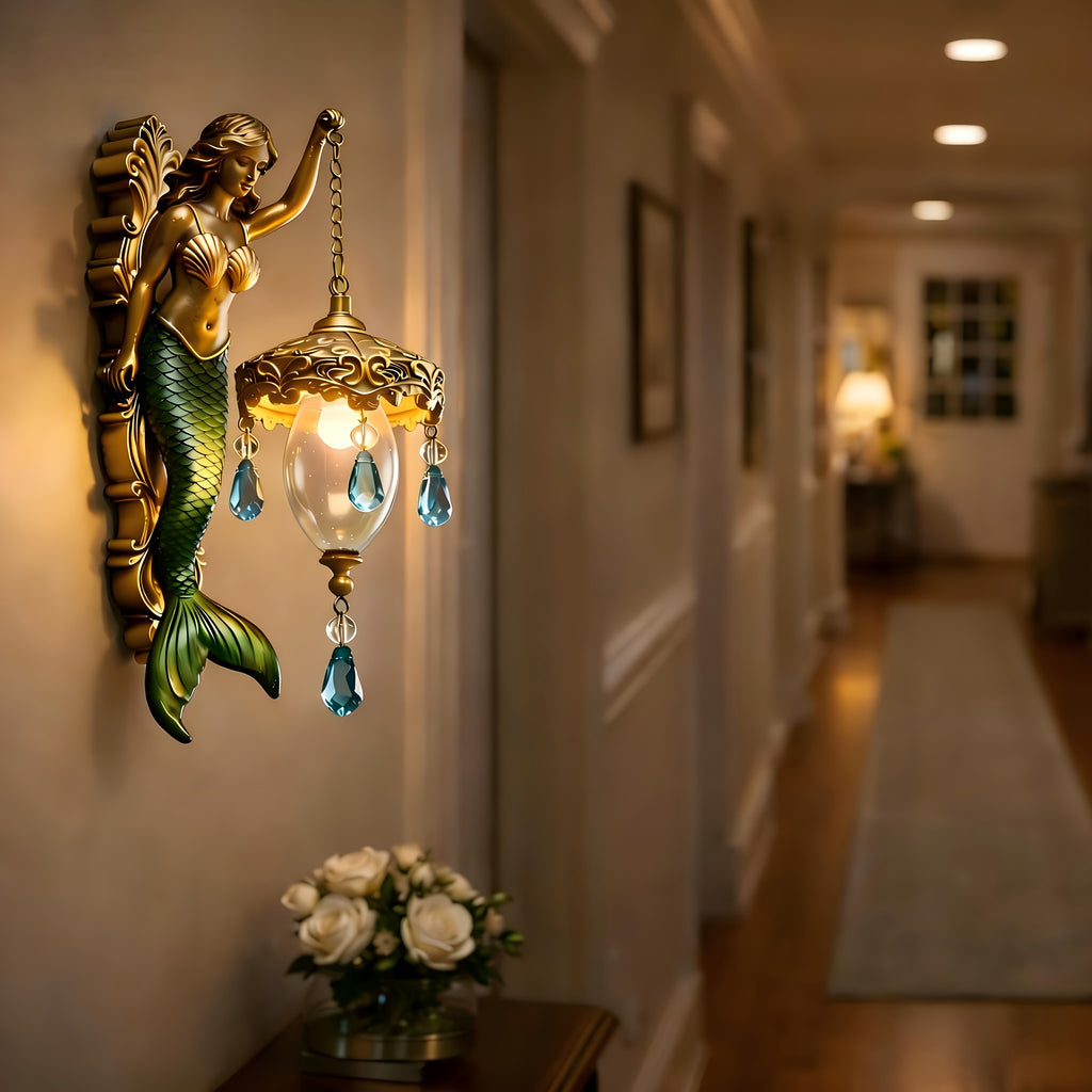 Mermaid Wall Night Light Battery Powered Wireless - Vintage Soft Glow LED Wall Lamp with Elegant Tail Design for Bedroom, Kids Room & Fantasy Decor, Plug-Free Wall Sconce Gift