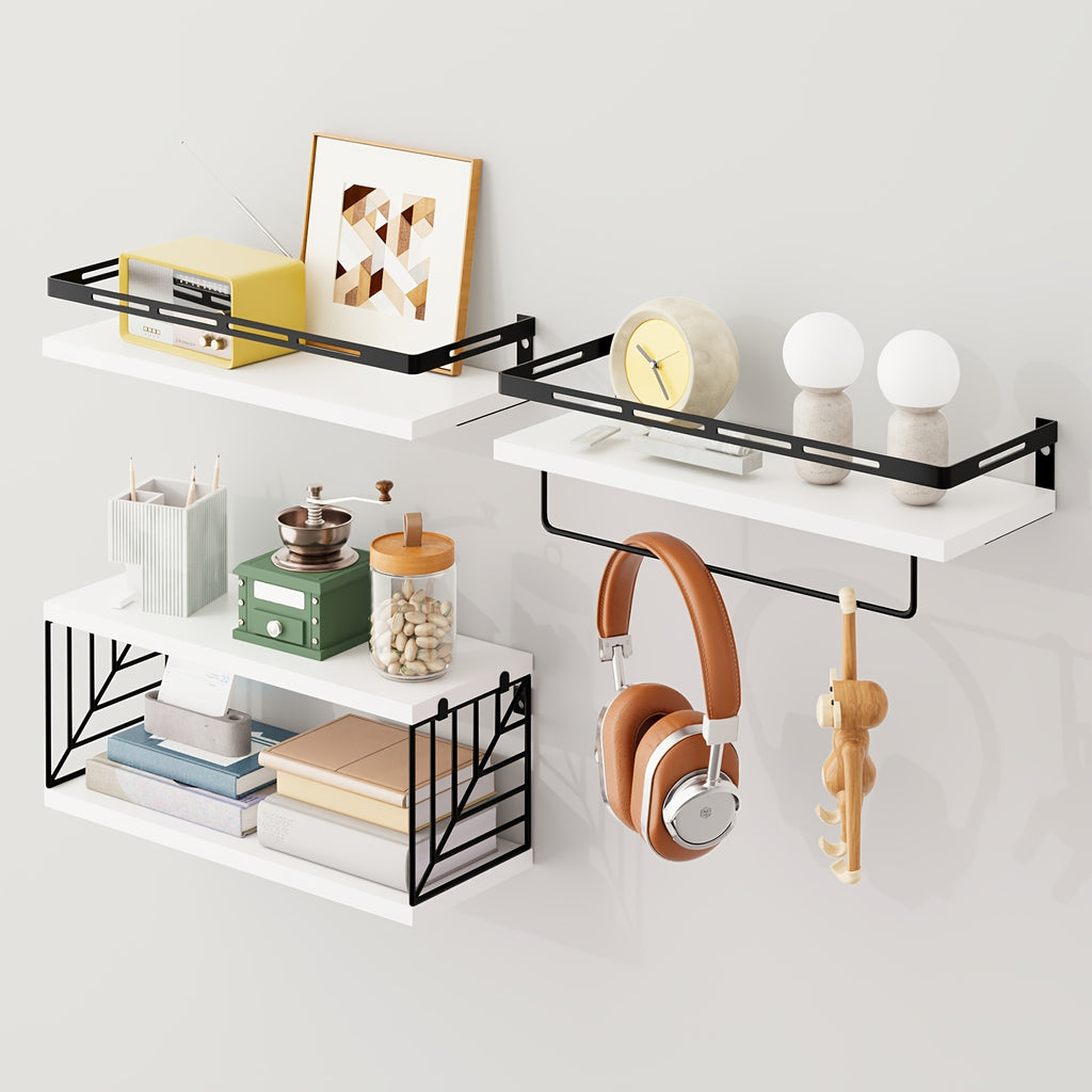 Vintage Wooden Floating Shelves Set of 3 with Guardrail – Wall Mounted Display & Storage Rack for Bedroom, Living Room, Bathroom & Kitchen – Rustic Wood Wall Shelf Multi-Functional Decor