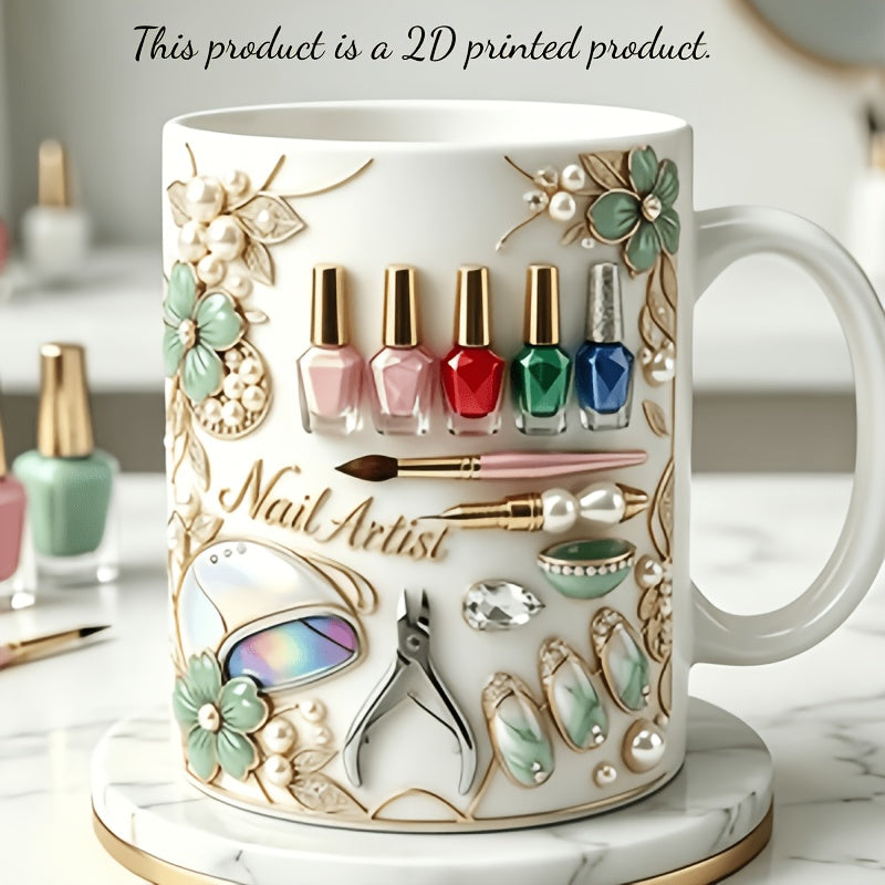 Nail Polish Ceramic Coffee Mug 11oz – Funny 3D Effect Manicure Cup, Two-Color Handle, Dishwasher Safe, Gift for Nail Techs & Beauty Lovers, Home Office Decor