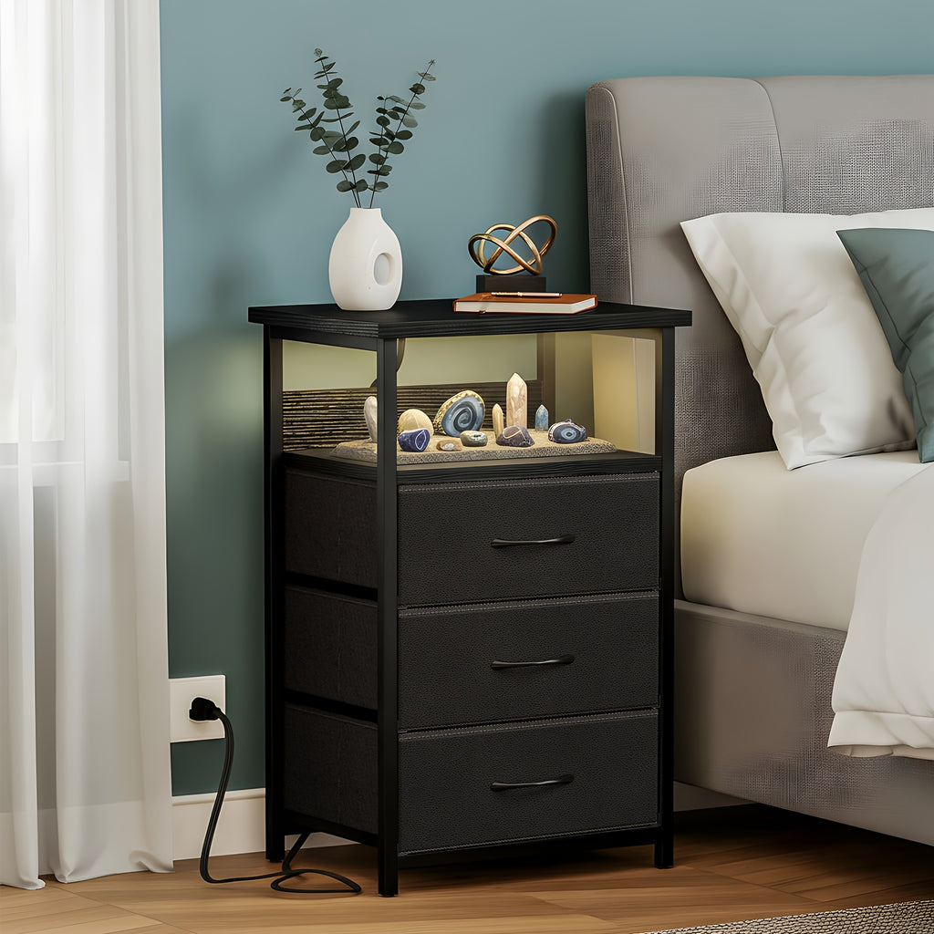 USB Charging Nightstand with 3 Drawers and Storage Shelf Side End Table Heavy Duty Night Stand for Bedroom Dorm Small Spaces USB Port and Power Outlet