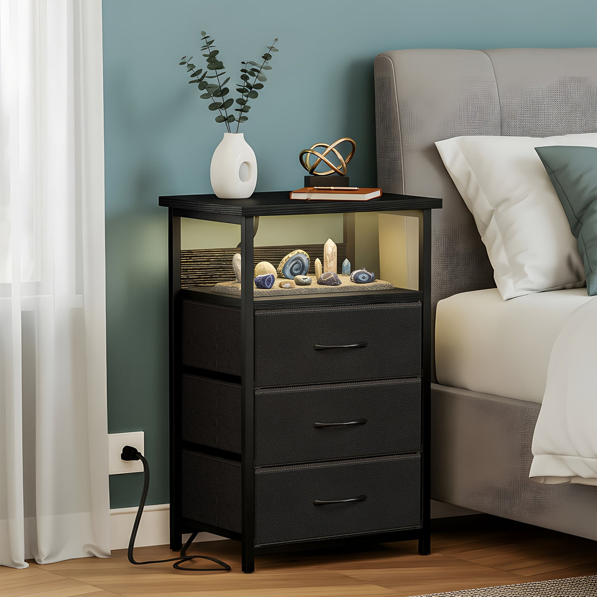 USB Charging Nightstand with 3 Drawers and Storage Shelf Side End Table Heavy Duty Night Stand for Bedroom Dorm Small Spaces USB Port and Power Outlet