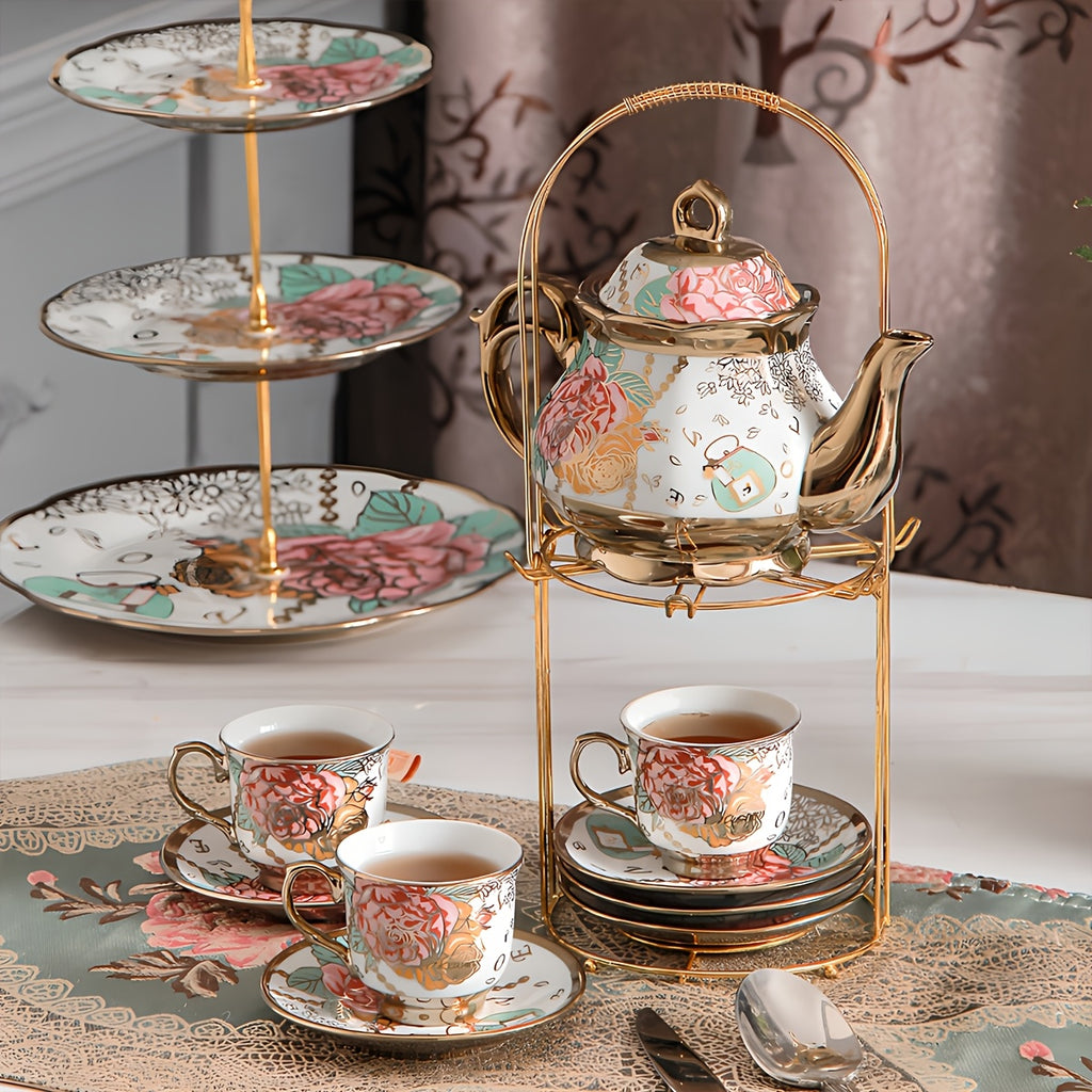 20-Piece Floral Porcelain Tea Set with Metal Holder & Teapot - European Ceramic Espresso Cup and Saucer Set, 3.3oz Cups 15oz Teapot, Afternoon Tea Gift for Golden Pink Purple Flower