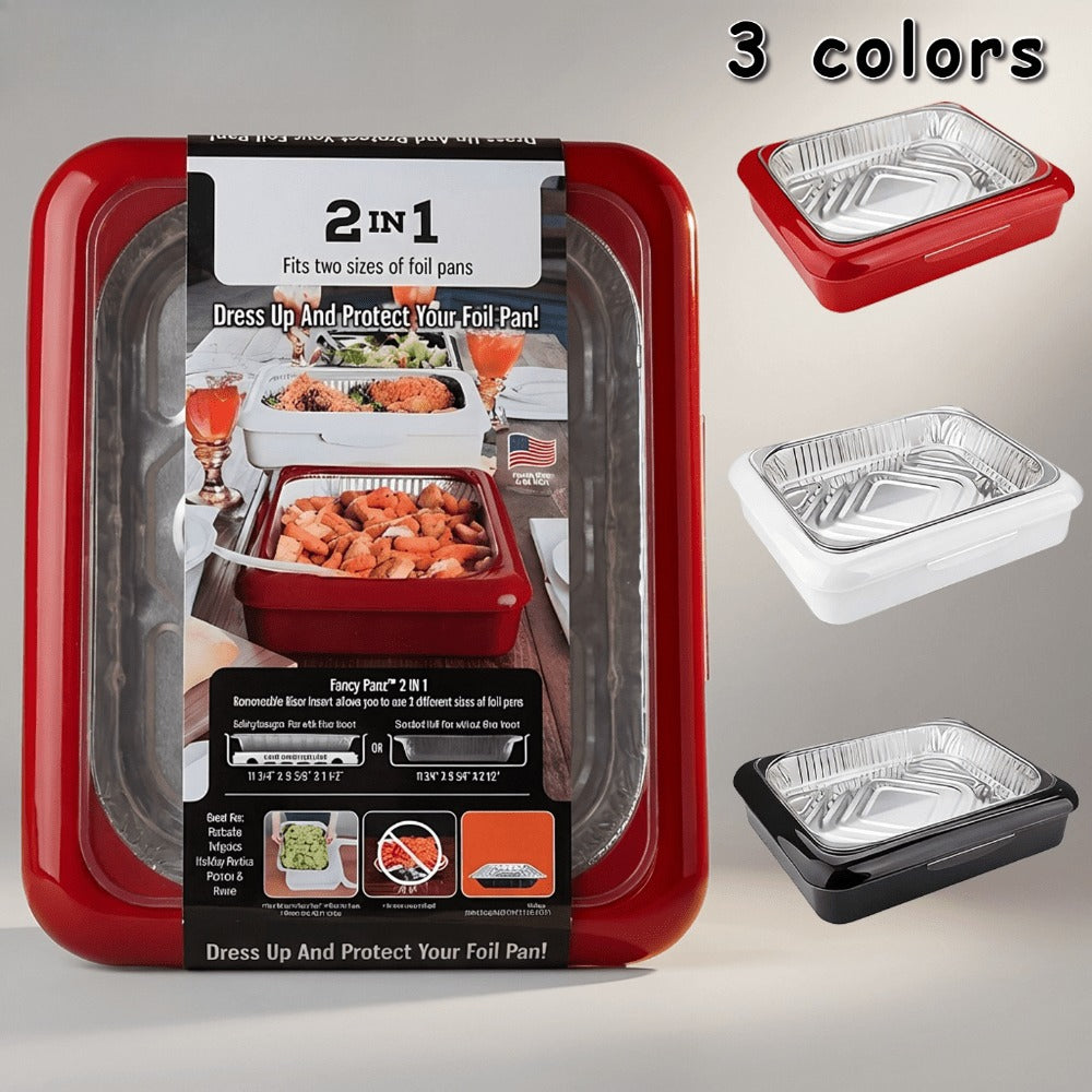 Reusable Food Storage Tray Set 4PCS 2-in-1 Plastic Serving Tray with Foil Trays – Holiday Party Containers for Christmas, Thanksgiving, BBQ & Outdoor Gatherings, White, Red & Black