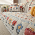 Bohemian Floral Plush Sofa Cover Thick Milk Fleece Quilted Couch Protector with Decorative Pillow Covers – Machine Washable Warm Cozy Cover for 1-4 Seater Sofa, Living Room Decor