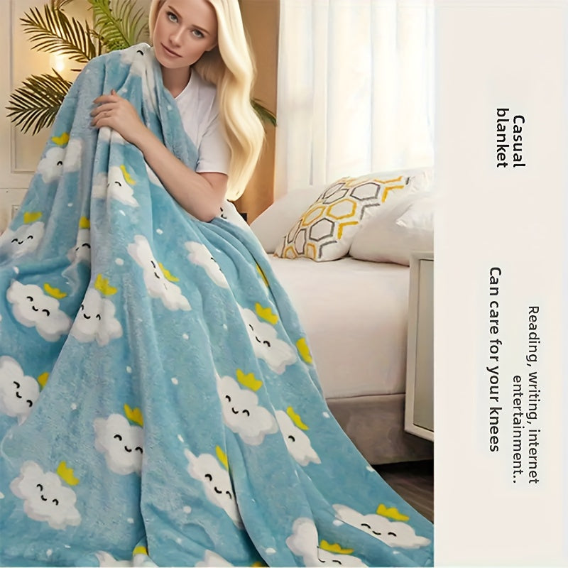 Floral Nap Blanket – Soft Lightweight All-Season Plush Polyester Throw | Blue Cloud & Yellow Flower Design, No Shedding | 3 Sizes